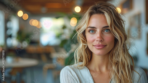 Smiling Blonde Woman With Blue Eyes In Cozy Caf   With Warm Lighting and Wooden Ceiling