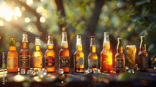 A photo of various beer bottles with ice cubes, placed on an outdoor table in the sun. The background is blurred greenery and sky, creating a relaxed atmosphere.