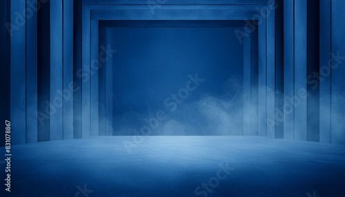 empty room with Dark blue background with smoke, empty stage for product presentation. Background of the floor studio room. empty dark blue abstract cement wall studio