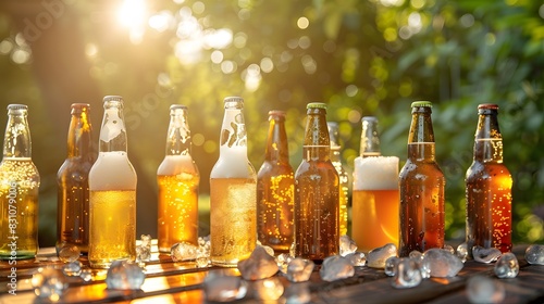 A photo of various beer bottles with ice cubes, placed on an outdoor table in the sun. The background is blurred greenery and sky, creating a relaxed atmosphere.