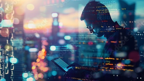 Business and technology software development IoT concept Double exposure man programmer software developer working on digital tablet and smart city with binary html computer code on sc : Generative AI