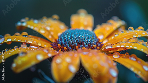 Yellow Flower with Water Droplets Close Up with Blue Center on Dark Green Background