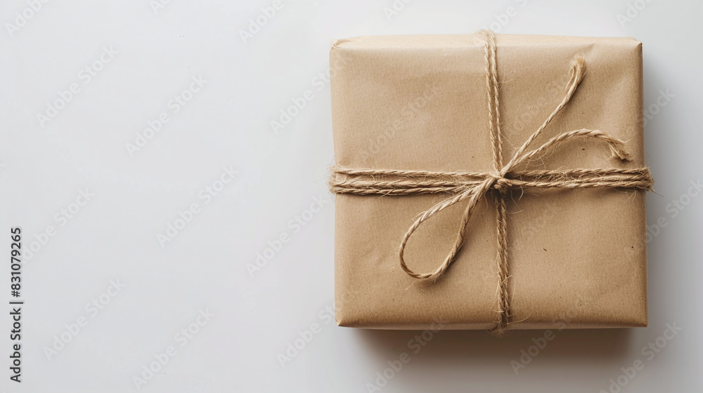 Obraz premium Brown Paper Wrapped Gift with Twine Bow on White Background Symbolizing Minimalist Gift Giving
