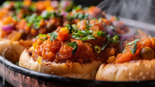Close up of steaming hot Pav Bhaji with buttery accompaniment in an Indian food setting photo