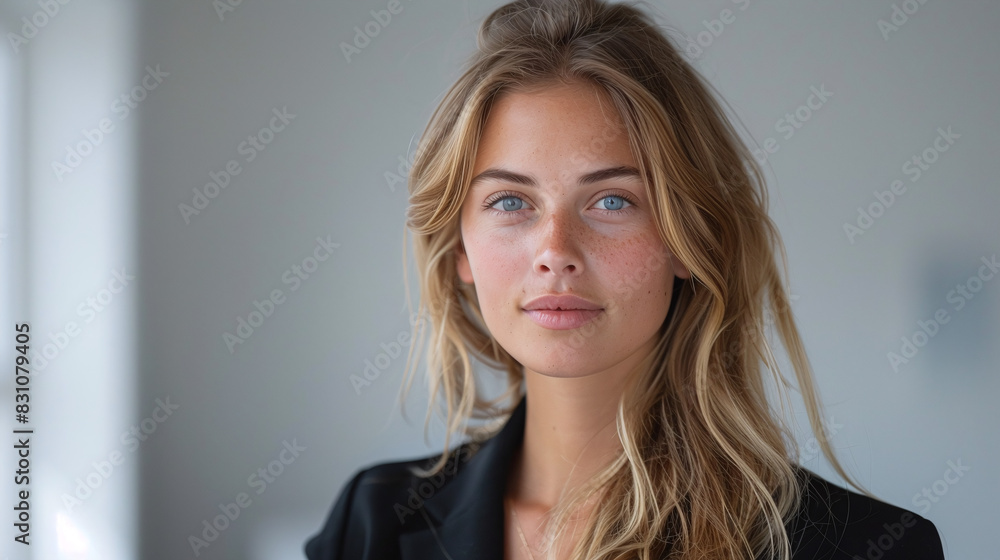 Portrait of a young woman with blonde hair and blue eyes in a black blazer with neutral background Portrait of a young woman with blonde hair and blue eyes in a black blazer with neutral background