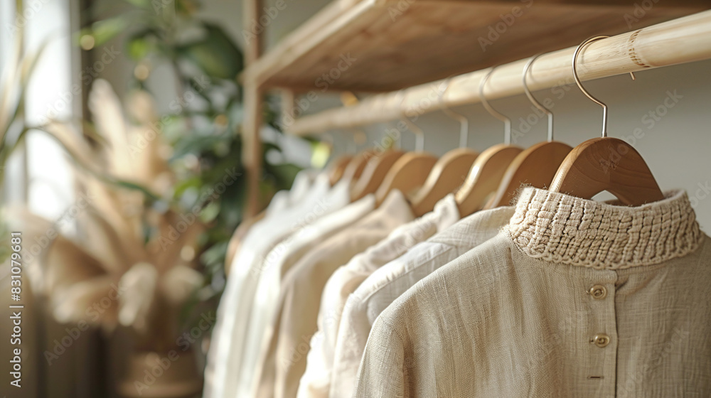 Natural Toned Linen Clothing Hanging on Wooden Rack in Sunlit Room with Green Plants Natural Toned Linen Clothing Hanging on Wooden Rack in Sunlit Room with Green Plants