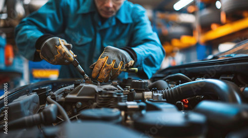 Mechanic in Blue Uniform Repairing Car Engine in Auto Shop with Focus on Hands and Tools