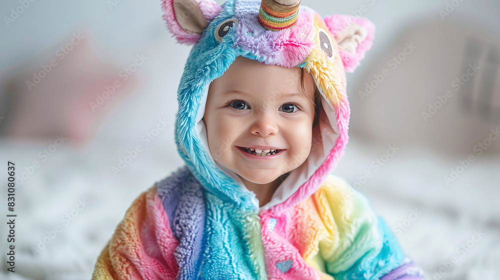 Adorable Smiling Baby in Rainbow Unicorn Costume on Soft White Bed with Beige Pillow Background Adorable Smiling Baby in Rainbow Unicorn Costume on Soft White Bed with Beige Pillow Background