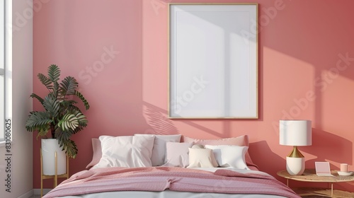 Charming Pink Frame Mockup in Feminine Bedroom  Ideal for Sweet and Stylish Home Decor