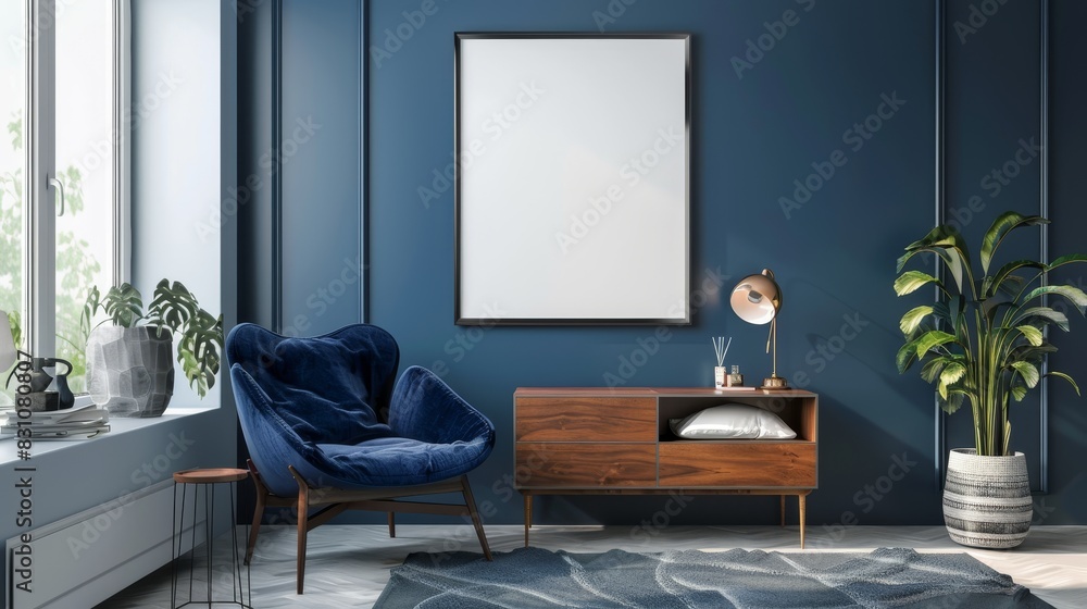 Fototapeta premium Stylish Navy Blue Frame Mockup in Modern Living Room, Ideal for Contemporary Home Decor