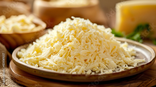 pile of delicious grated cheese on a plate, with blurry background, Ai Generated Images