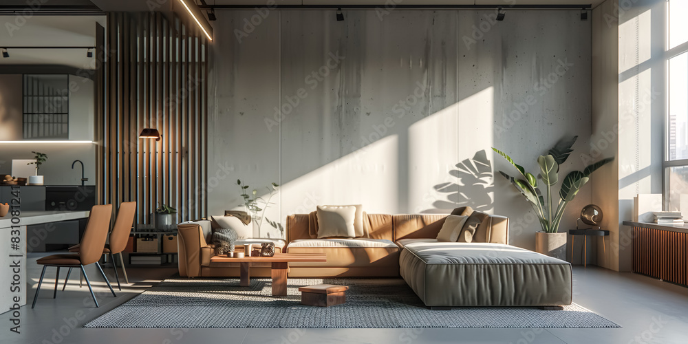 custom made wallpaper toronto digitalInterior inspiration design of open space lobby or large. living room with big window glass in Brutalist Architecture style.Contemporary house scene background