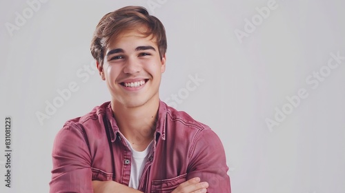 Young handsome and friendly face man smile dressed casually with happy and selfconfident positive expression with crossed arms on white background studio shot Concept for good attitude : Generative AI photo