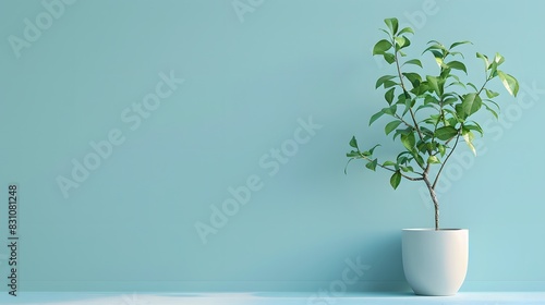 A potted plant growing on the right side of an empty light blue background, symbolizing growth and environment protection.
