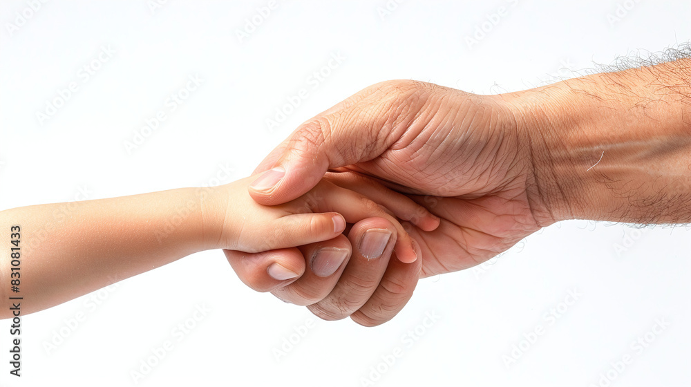Adult Hand Holding Child's Hand Against White Background Symbolizing Trust and Protection Adult Hand Holding Child's Hand Against White Background Symbolizing Trust and Protection