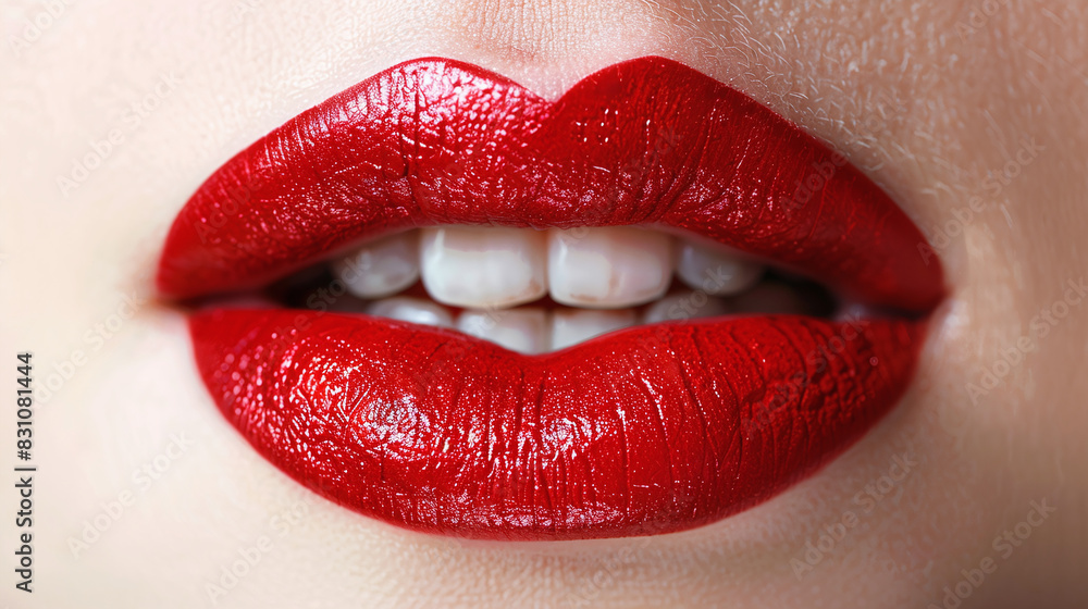 Obraz premium Closeup of Glossy Red Lipstick on Female Lips with Teeth Beauty and Makeup Concept High Definition