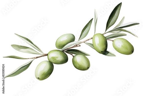 Branch with green olives isolated on white background. Olive tree branch illustration. Object for cutting, your design, packaging