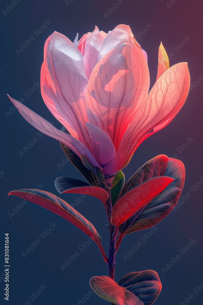 Pink Flower With Green Leaves on Blue Background Pink Flower With Green Leaves on Blue Background