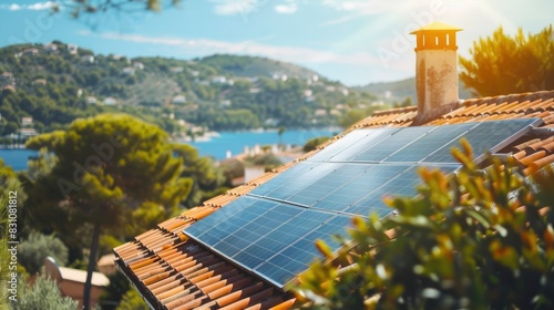 Solar photovoltaic panels on the tiled roof of house against the backdrop of Mediterranean landscape. Alternative environmentally friendly energy generation. Eco solar panels, modern technologies photo