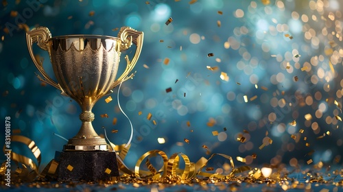 A shiny golden trophy with ribbons and confetti on an abstract blue background, symbolizing the concept of success in business or sports competition.