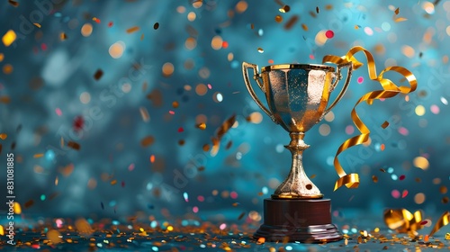 A shiny golden trophy with ribbons and confetti on an abstract blue background, symbolizing the concept of success in business or sports competition. photo