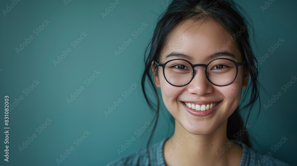 Smiling Young Woman with Glasses and Black Hair Against Teal Background Radiating Happiness Smiling Young Woman with Glasses and Black Hair Against Teal Background Radiating Happiness