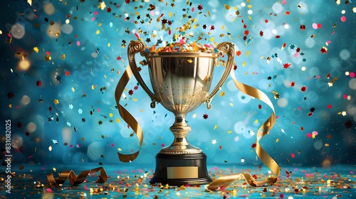 A shiny golden trophy with ribbons and confetti on an abstract blue background, symbolizing the concept of success in business or sports competition.