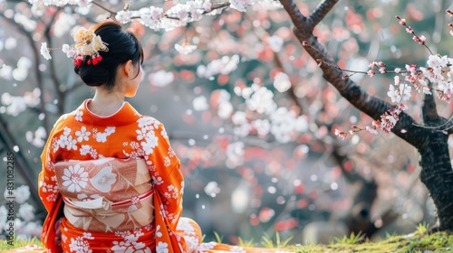 Peaceful scene of a woman sitting gracefully in her kimono amidst blooming sakura