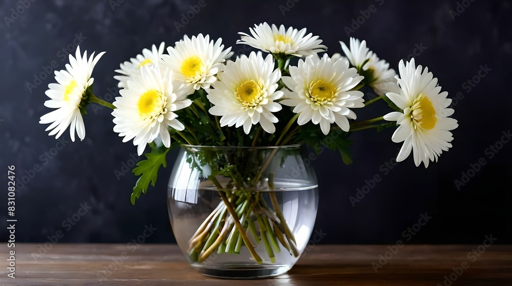 Beautiful white flowers in a glass vase on a dark background with festive bokeh. Autumn bouquet of chrysanthemums Beautiful white flowers in a glass vase on a dark background with festive bokeh. Autumn bouquet of chrysanthemums