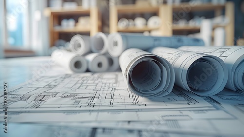 A stack of architectural blueprints and drawings on top, with rolled up paper rolls in the background. photo