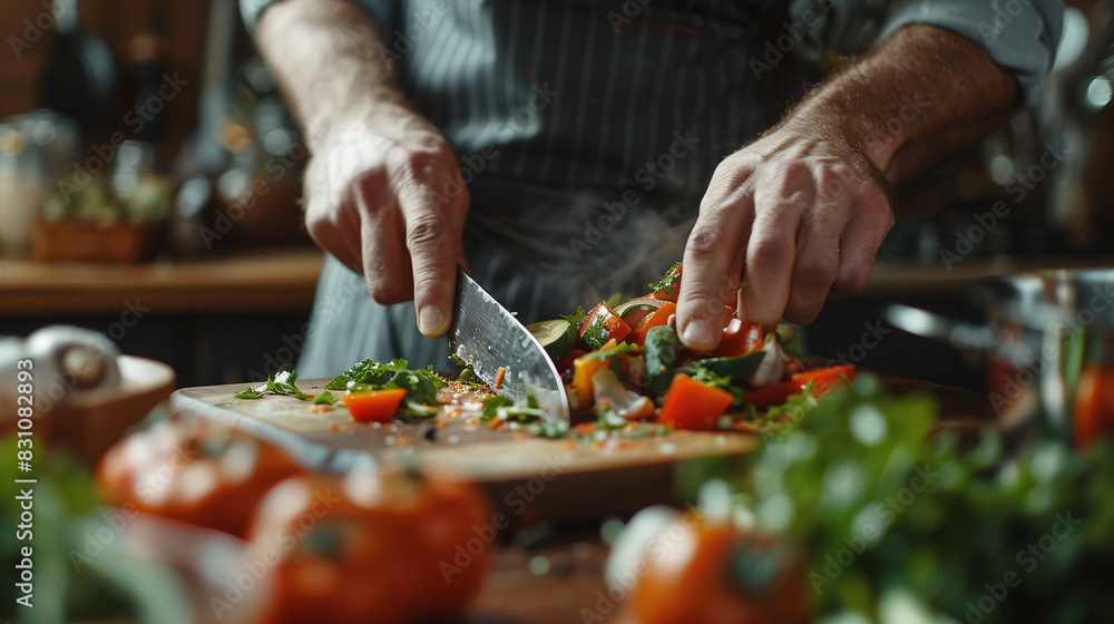 Chef Slicing Fresh Vegetables On Wooden Cutting Board In Rustic Kitchen With Tomatoes