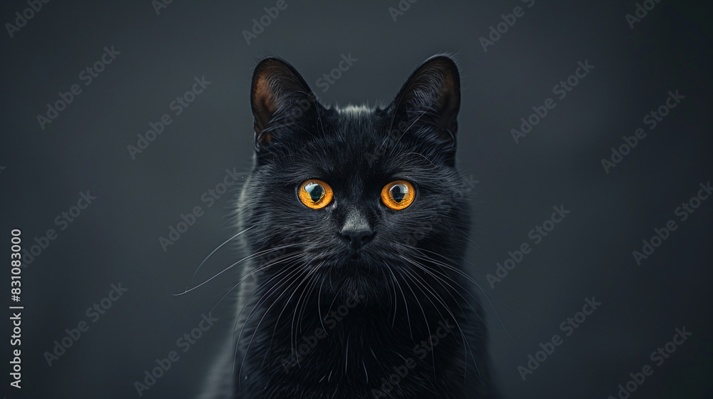 Black Cat with Intense Amber Eyes Against Dark Background Represents Mystery and Elegance Black Cat with Intense Amber Eyes Against Dark Background Represents Mystery and Elegance