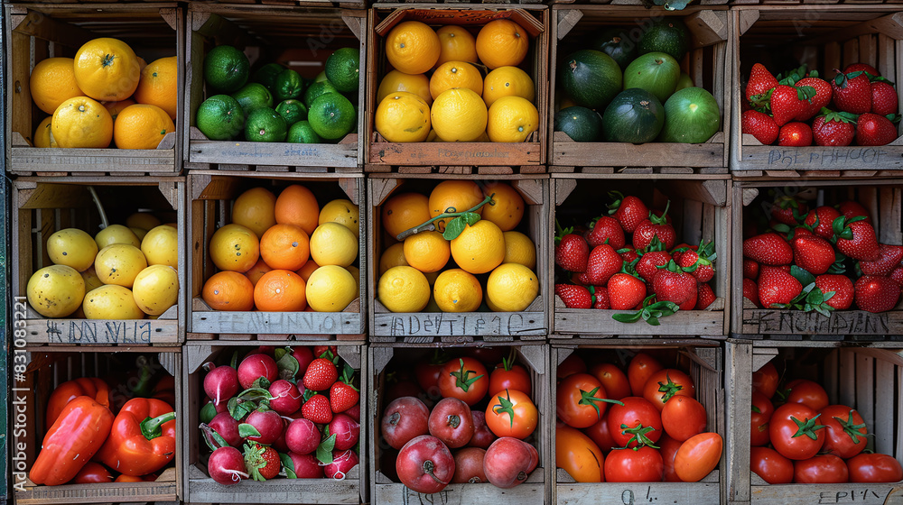 Colorful Fresh Fruits and Vegetables in Wooden Crates at Farmers Market Displaying Variety and Freshness