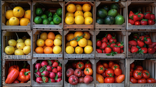 Colorful Fresh Fruits and Vegetables in Wooden Crates at Farmers Market Displaying Variety and Freshness