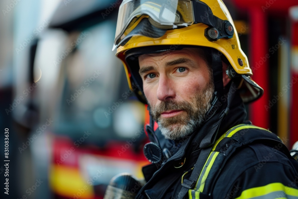 A close-up image showcasing a firefighter in full uniform with a reflective expression hinting at the seriousness of their profession A close-up image showcasing a firefighter in full uniform with a reflective expression hinting at the seriousness of their profession