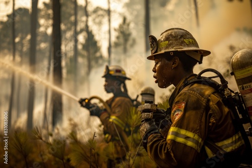 A group of firefighters actively extinguishing a forest fire in a smoky environment