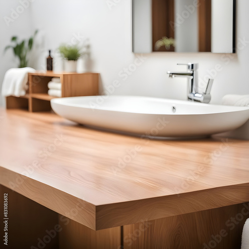 Wooden tabletop counter. out of focus bathroom. copy space