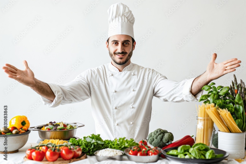 Professional male chef stands with open arms among various fresh vegetables and dishes, portraying enthusiasm and a variety of healthy foods Professional male chef stands with open arms among various fresh vegetables and dishes, portraying enthusiasm and a variety of healthy foods