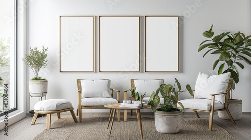 minimalist living room interior with poster frame mockup scandinavian 3d render © Jelena
