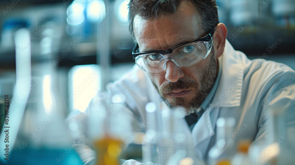 Scientist in Laboratory Focused on Experiment Wearing Safety Goggles Surrounded by Flasks Scientist in Laboratory Focused on Experiment Wearing Safety Goggles Surrounded by Flasks