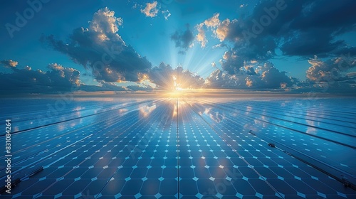 A solar panels and clear blue sky with a few clouds and the sun shining brightly. photo