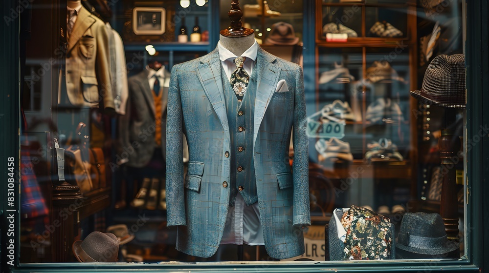 A vintage suit in the shop window of an old-fashioned men's  store, surrounded by classic suits and accessories.