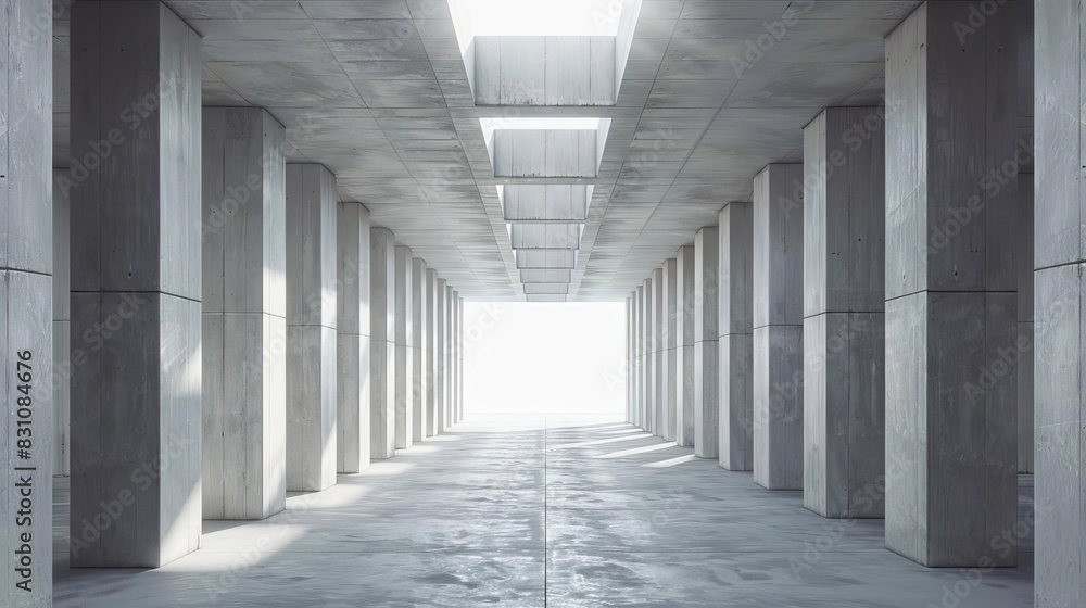 modern concrete room with rows of pillars and sky opening industrial interior background
