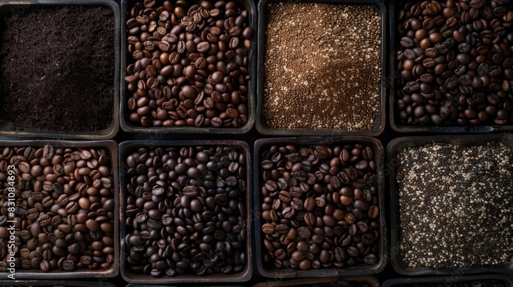 Aerial View of Assorted Coffee Beans, Cups and Brewing Equipment on Rustic Table Aerial View of Assorted Coffee Beans, Cups and Brewing Equipment on Rustic Table