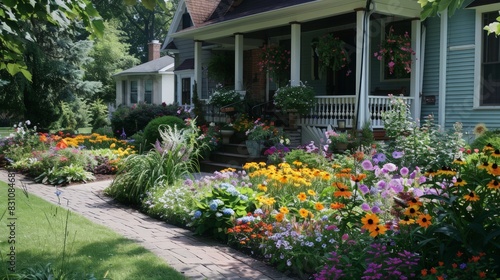 A beautifully landscaped front yard with a welcoming pathway, vibrant flowers, and a charming front porch. © peerawat