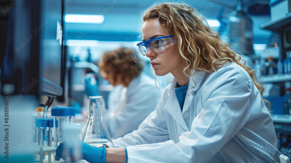 Female Scientist Conducting Research in Modern Laboratory with Colleagues in Background Female Scientist Conducting Research in Modern Laboratory with Colleagues in Background