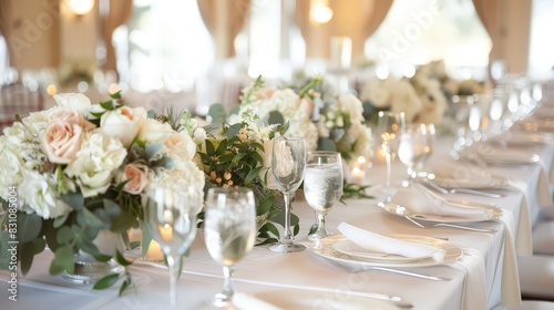 A beautifully set wedding banquet table, adorned with white linens, elegant floral arrangements, and fine china, ready for a grand celebration.