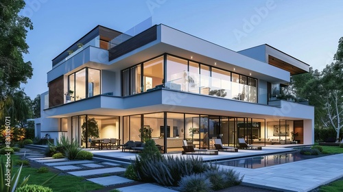 modern house with large window facade contemporary residential architecture 3d rendering © Jelena