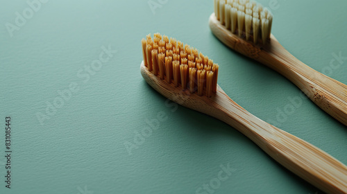 Eco-friendly bamboo toothbrushes with soft bristles on green background promoting sustainability