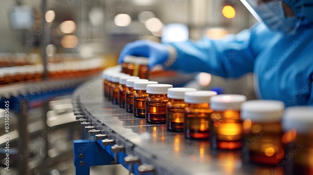 A worker in protective gear is inspecting the quality of medicine bottles on an industrial production line at a factory, symbolizing accurate and safe data collection.